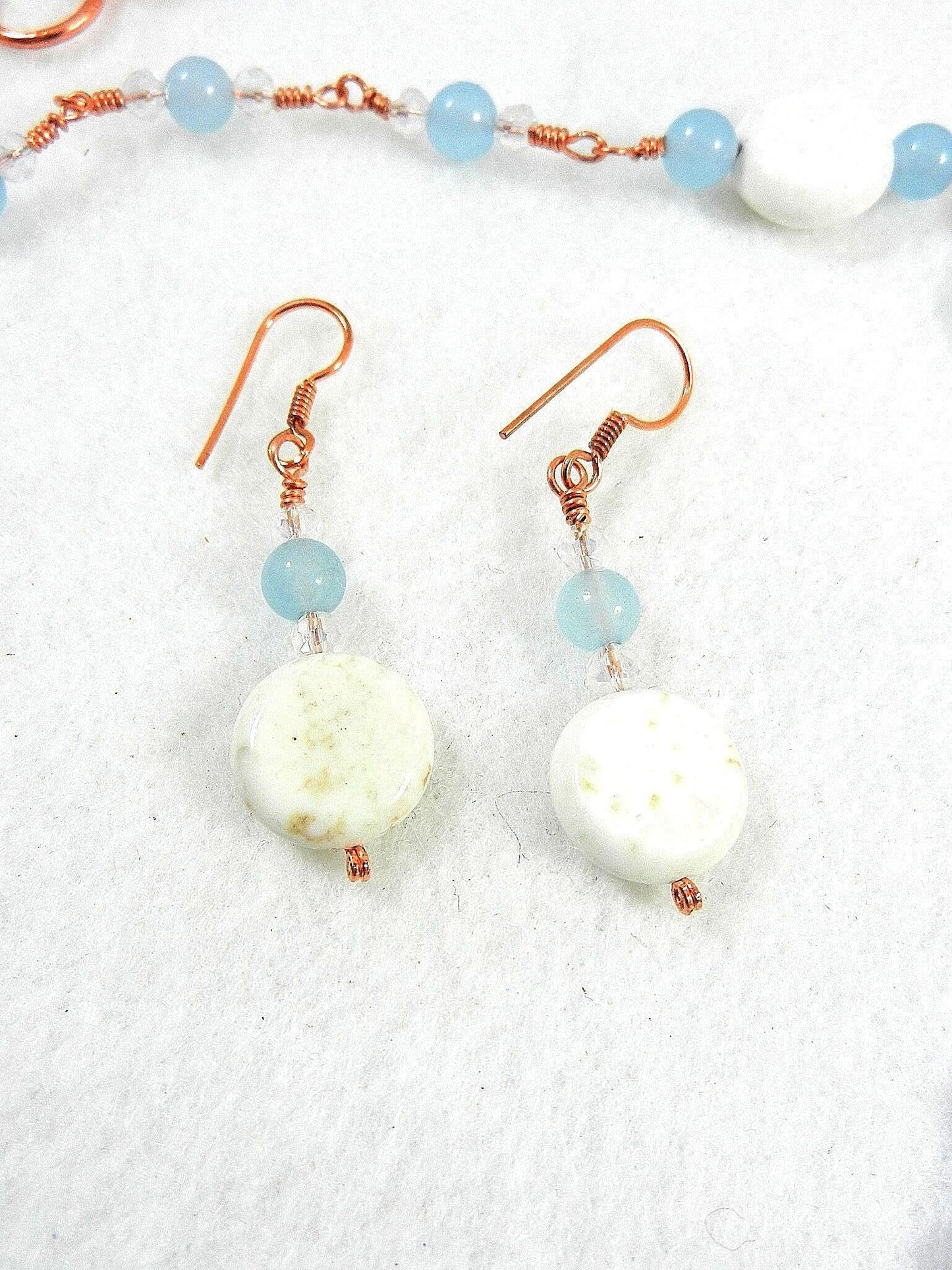 Blue Lace Agate Oval Pendant on Copper Wire Wrapped Necklace with Matching Earrings