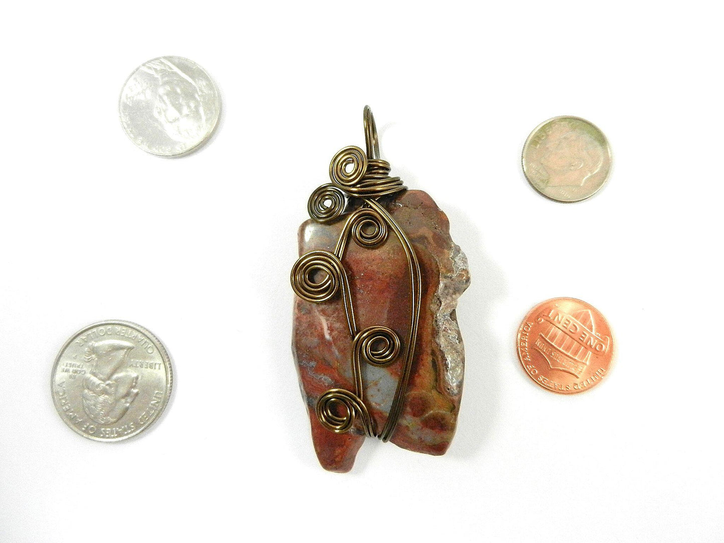 Bronze Wire Wrapped Red and Brown Jasper Gemstone Pendant