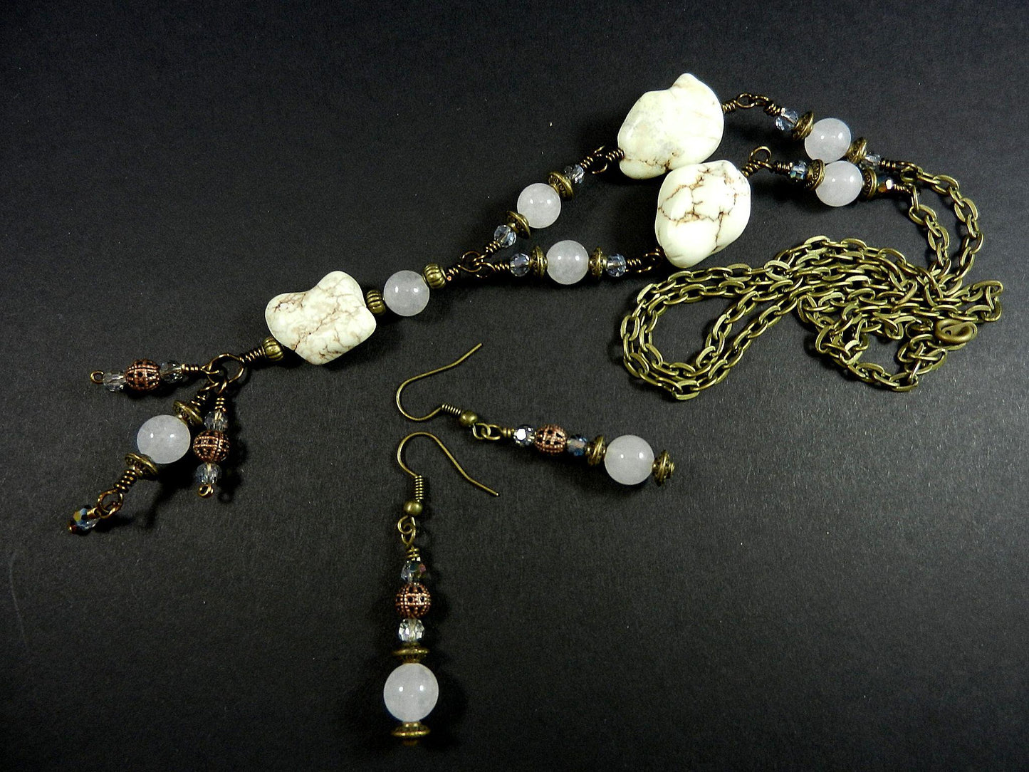 White Turquoise Necklace with White Jade Bronze Wire Wrapped and Matching Earrings