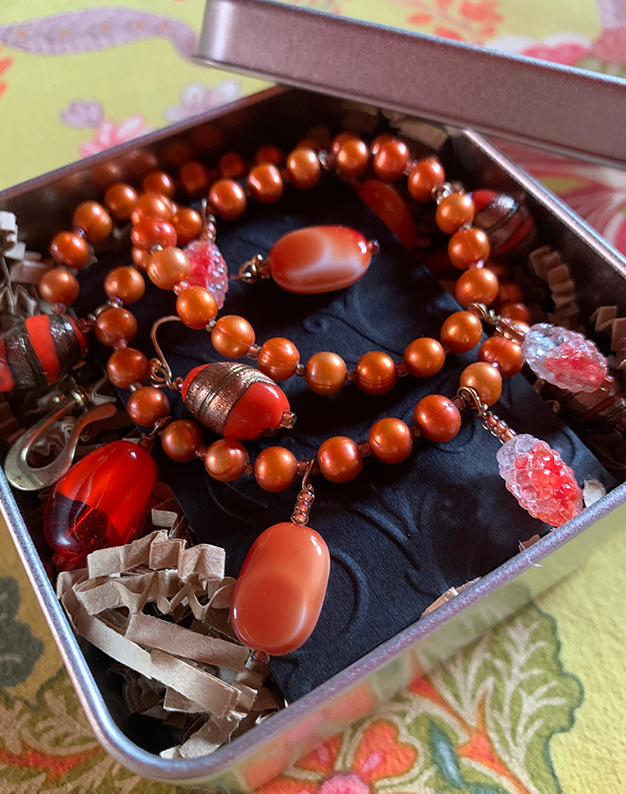 Necklace Set | Vintage bead charms, strand of orange freshwater pearls