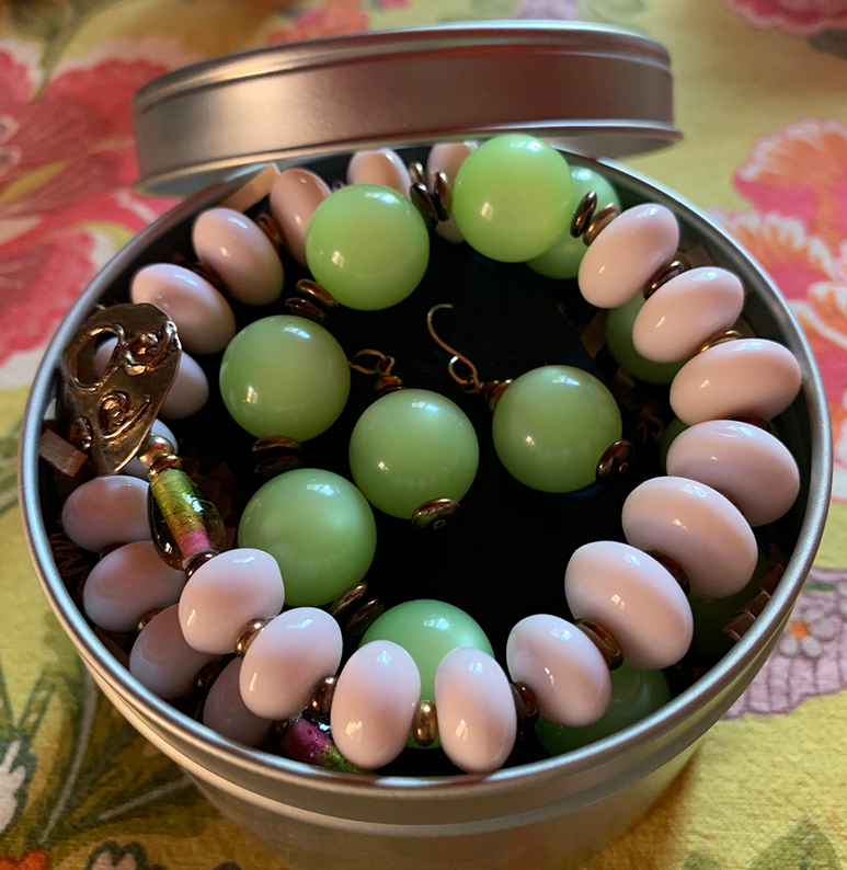 Necklace Set | Lime green Lucite rounds, pale pink vintage glass rondelles