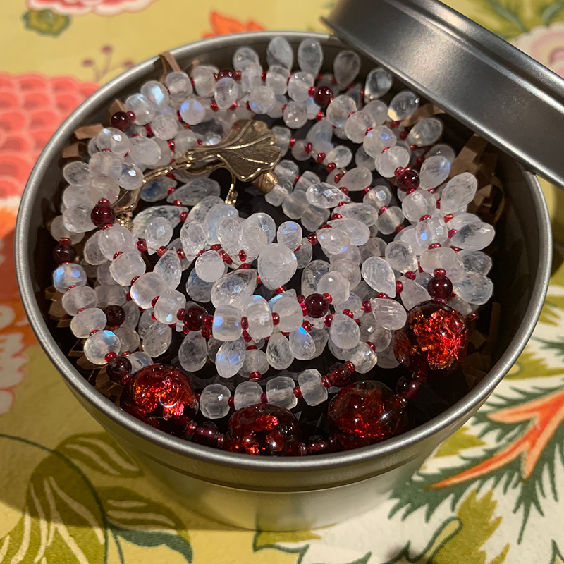Necklace set | Double strand snow white faceted rainbow moonstone ruby red vintage Japanese lampwork bronze artisan clasp