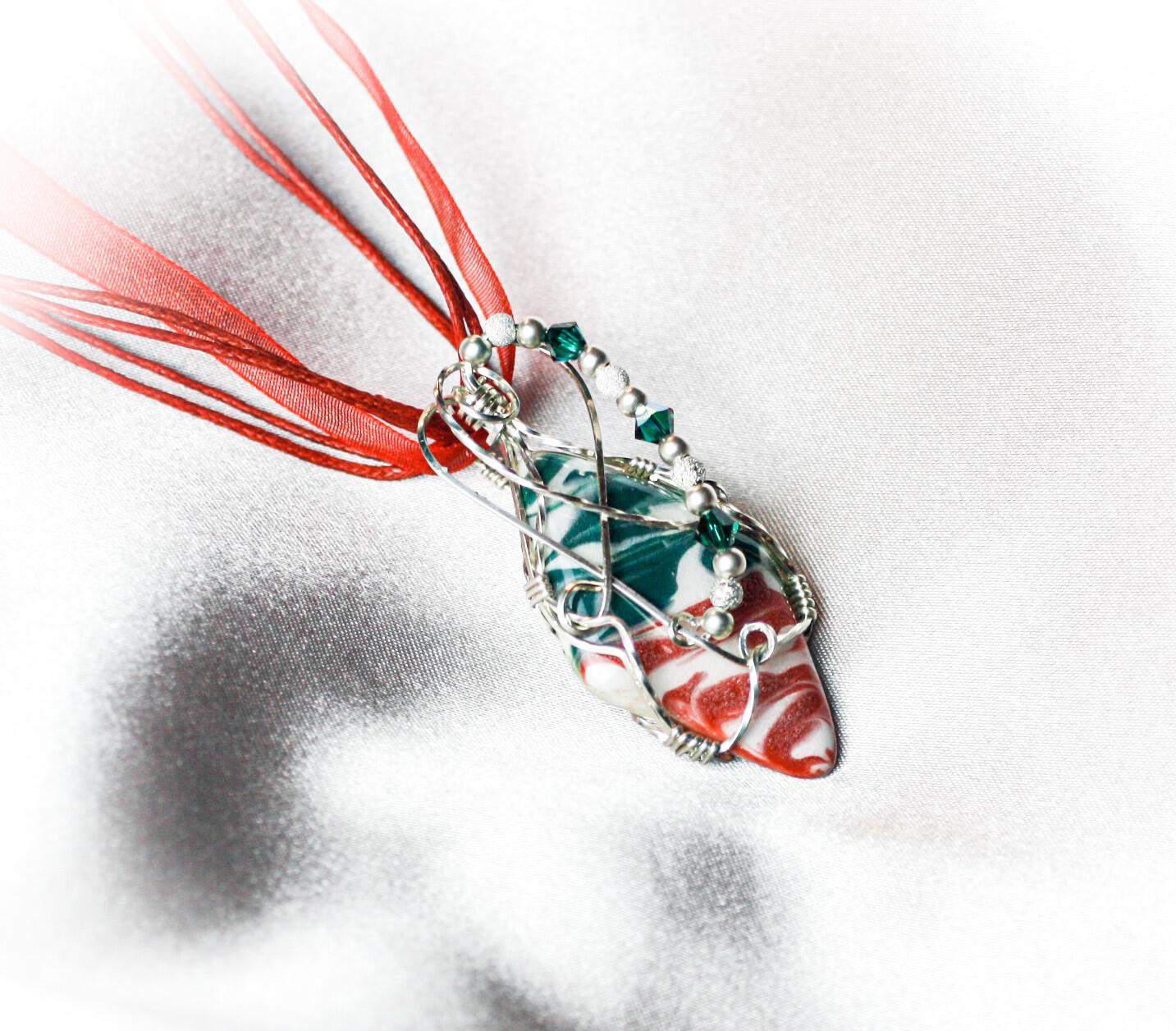 Red Green Marble Wire Wrapped Pendant