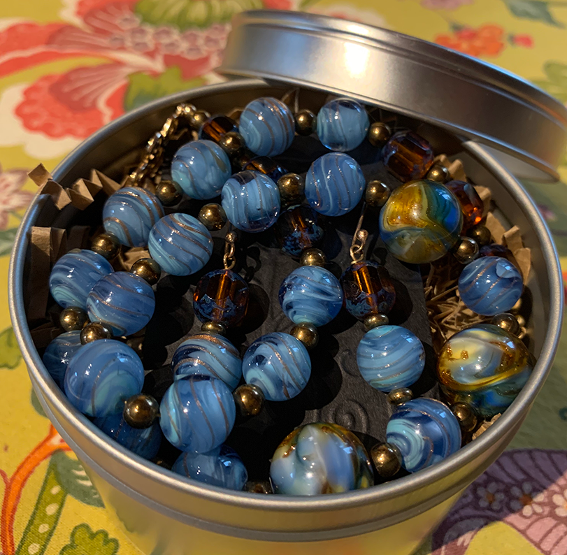 Necklace Set | Cherry Brand blue/gold givre rounds, German marbled lampwork