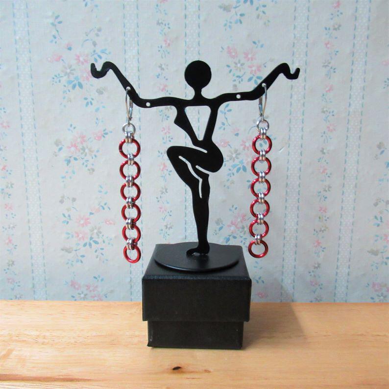 Chainmaille Waterfall Necklace and Earrings, Red and Silver