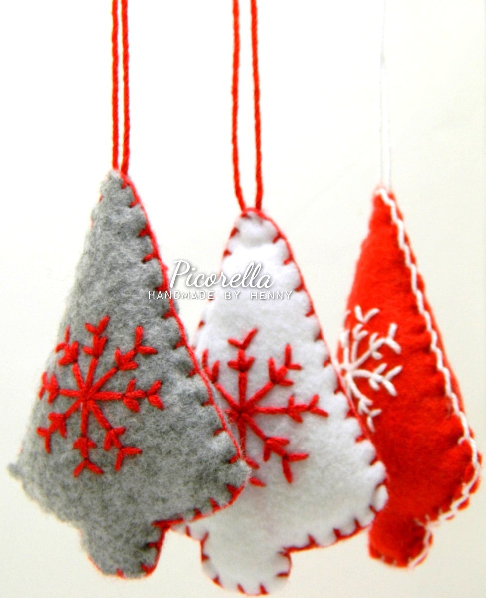 Set of 3 Christmas Tree Ornament, Felt Christmas Ornament, Christmas Snowflake, Grey Christmas Tree, White Christmas Tree