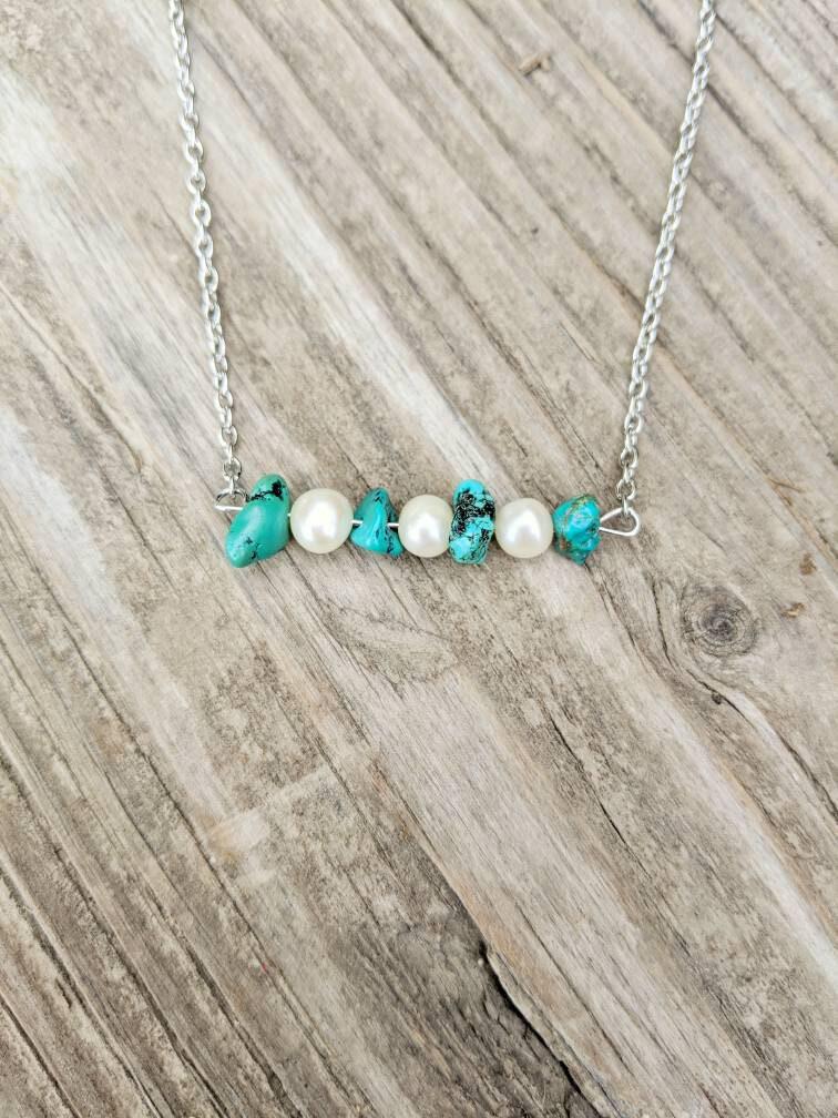 Turquoise & Pearl Nugget Bar Necklace - Country Western Style