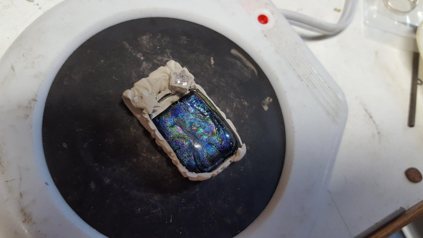 Dichroic Glass and Silver Pendant, Blue, Stars and Moon, Cubic Zirconia