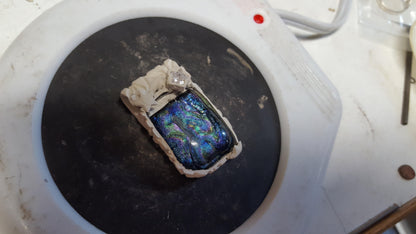Dichroic Glass and Silver Pendant, Blue, Stars and Moon, Cubic Zirconia