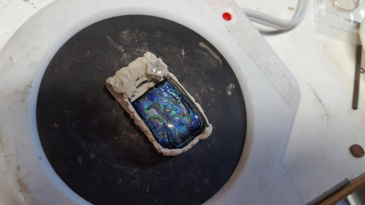 Dichroic Glass and Silver Pendant, Blue, Stars and Moon, Cubic Zirconia