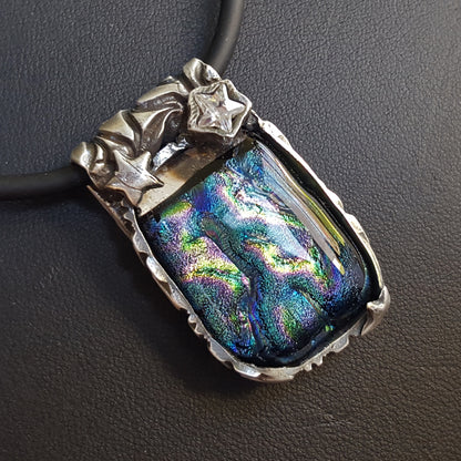 Dichroic Glass and Silver Pendant, Blue, Stars and Moon, Cubic Zirconia