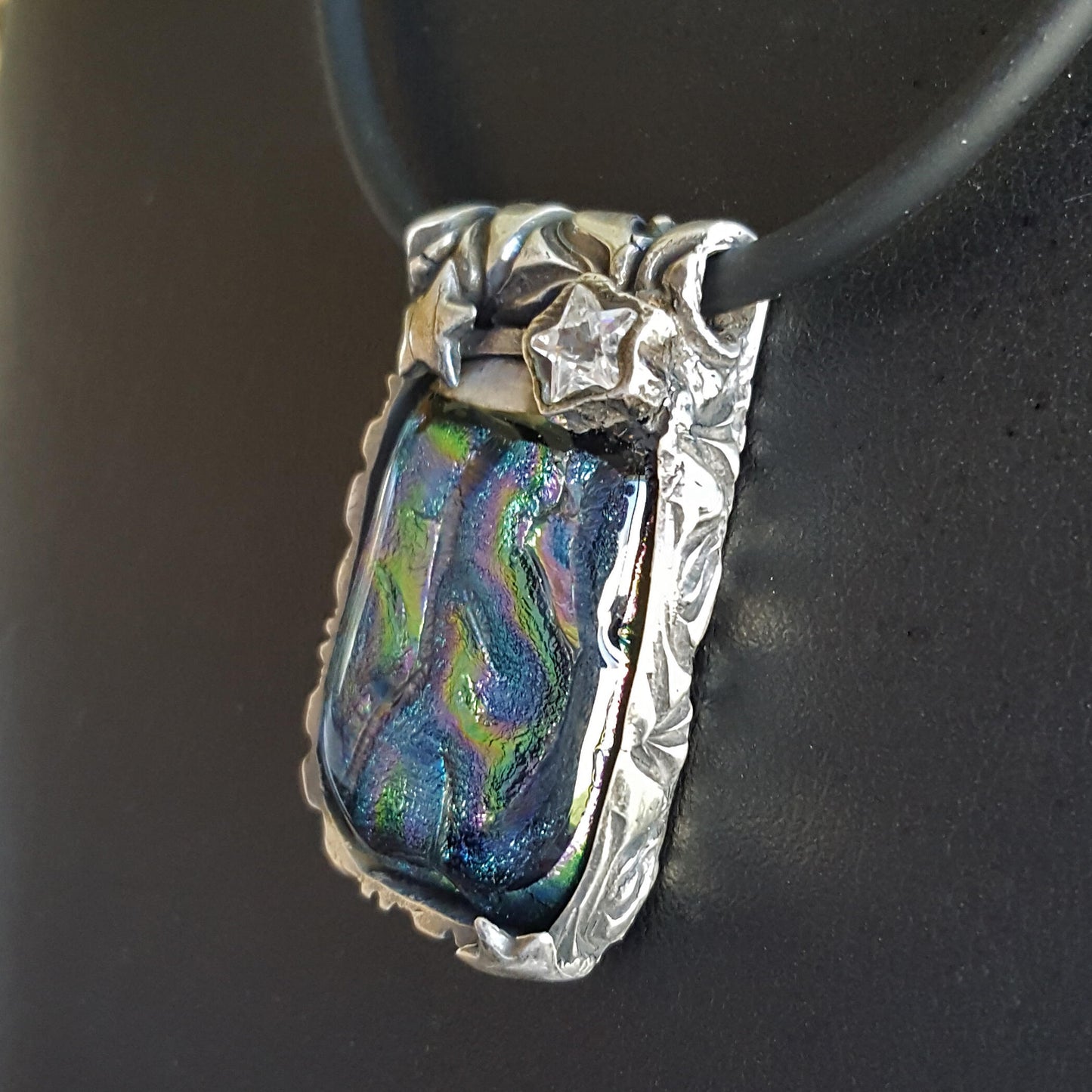Dichroic Glass and Silver Pendant, Blue, Stars and Moon, Cubic Zirconia