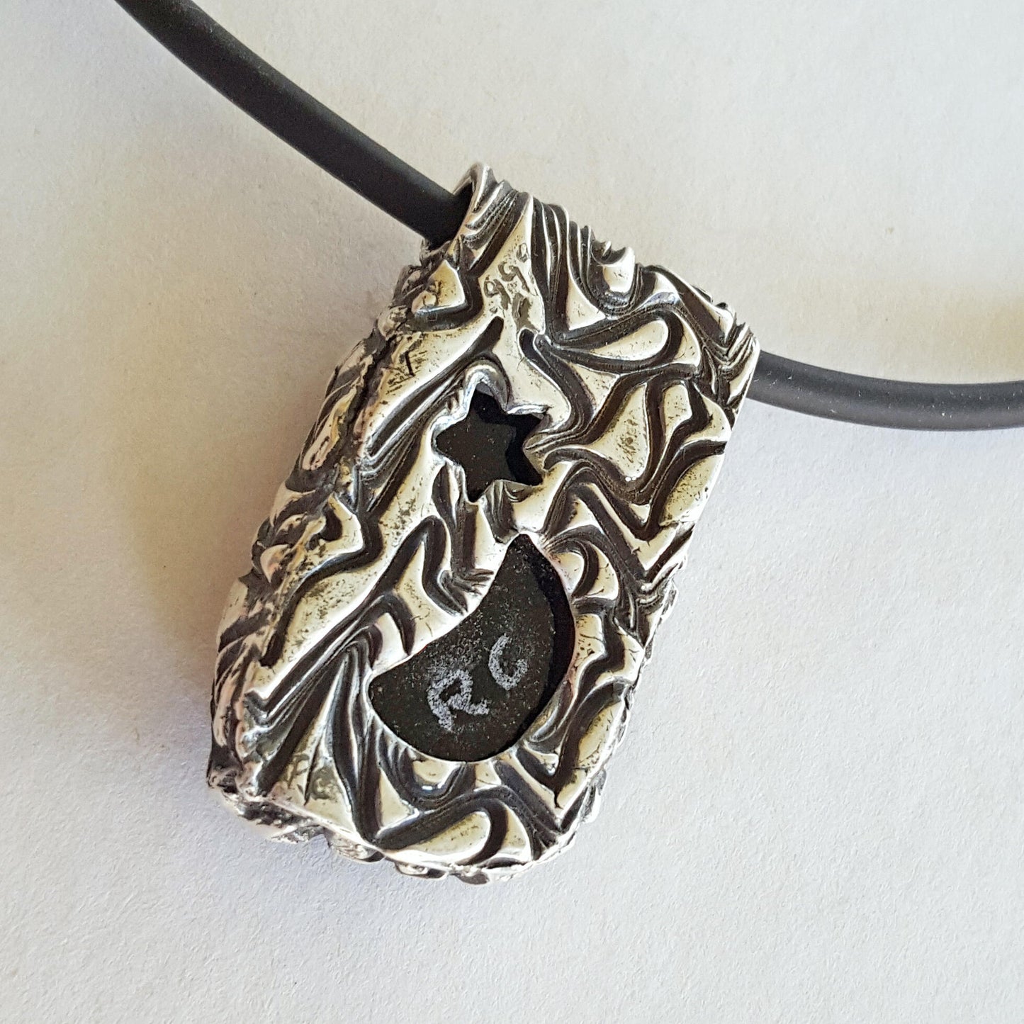 Dichroic Glass and Silver Pendant, Blue, Stars and Moon, Cubic Zirconia