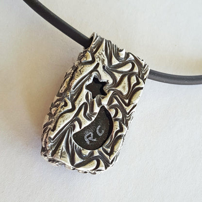 Dichroic Glass and Silver Pendant, Blue, Stars and Moon, Cubic Zirconia