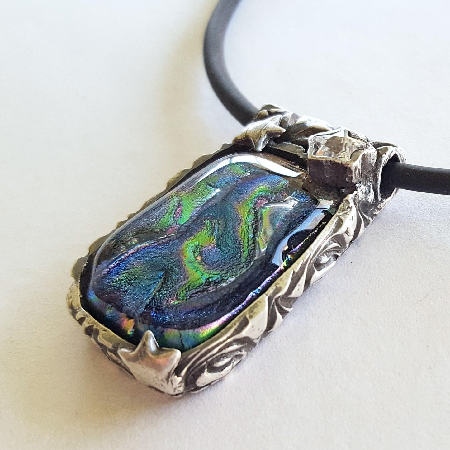 Dichroic Glass and Silver Pendant, Blue, Stars and Moon, Cubic Zirconia