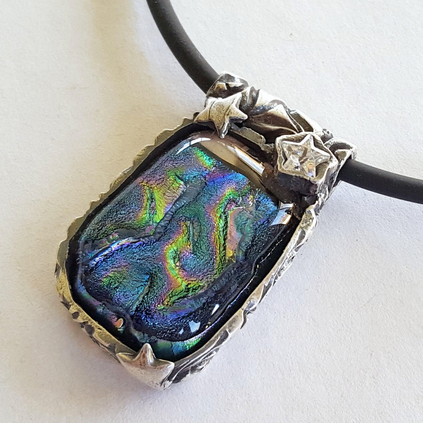 Dichroic Glass and Silver Pendant, Blue, Stars and Moon, Cubic Zirconia