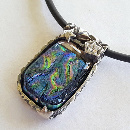 Dichroic Glass and Silver Pendant, Blue, Stars and Moon, Cubic Zirconia