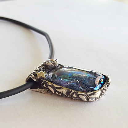 Dichroic Glass and Silver Pendant, Blue, Stars and Moon, Cubic Zirconia