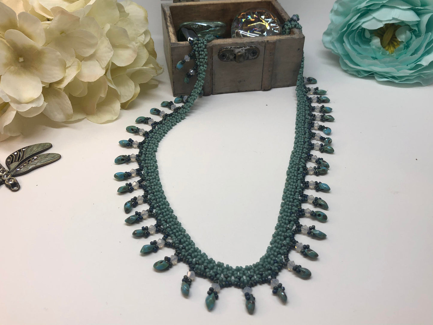 Handmade Turquoise Picasso Magatama Netting Beadweaving Necklace