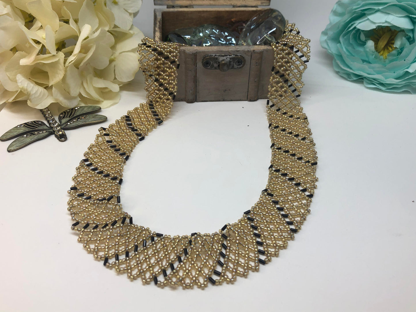 Handmade Gold Black Netting Beadweaving Necklace