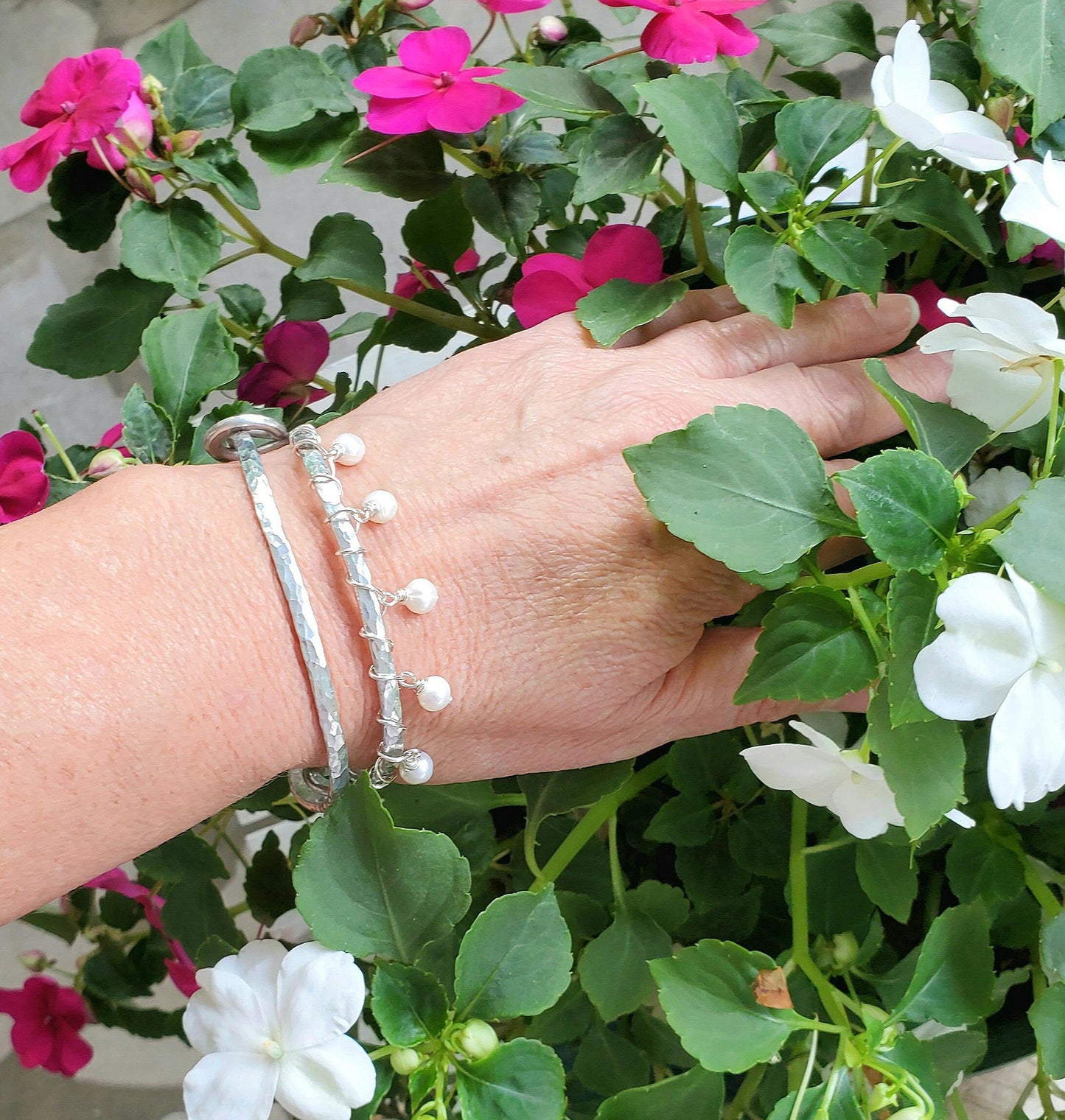 Swirl Bangle Bracelet with Pearls