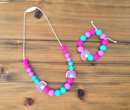Kids Bright Rainbow Necklace made from Silicone Beads