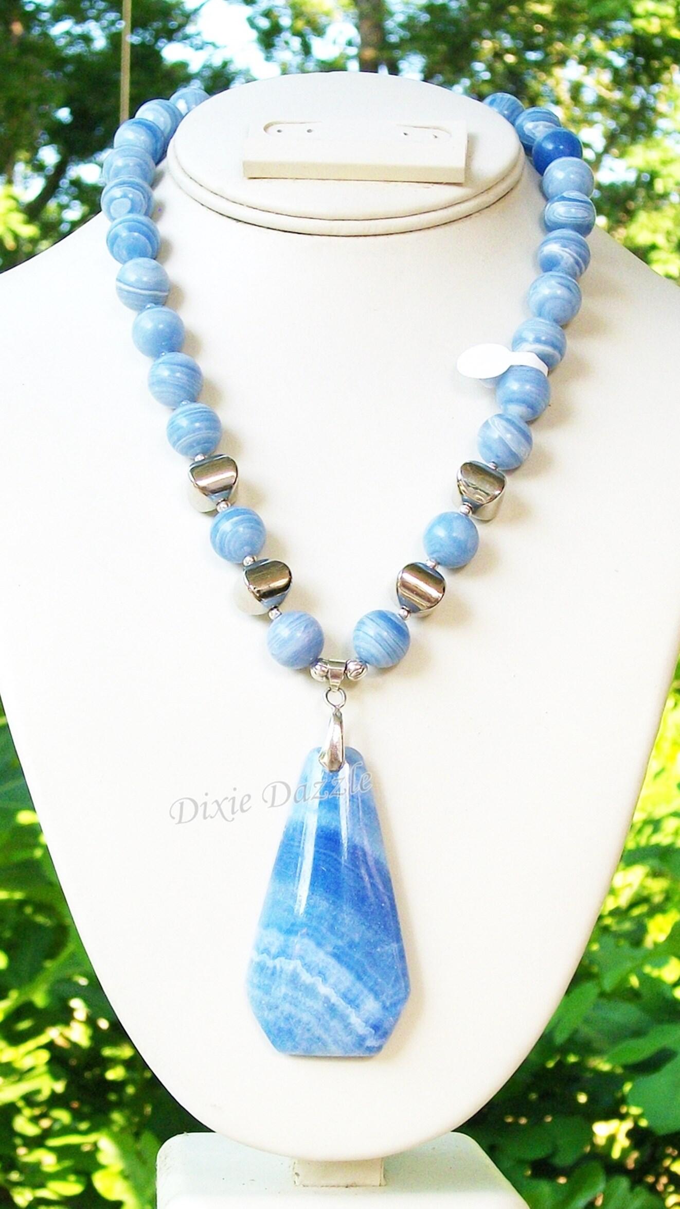 Chunky blue lace agate statement necklace and earring set with vivid blue agate semiprecious gemstones, adjustable length necklace