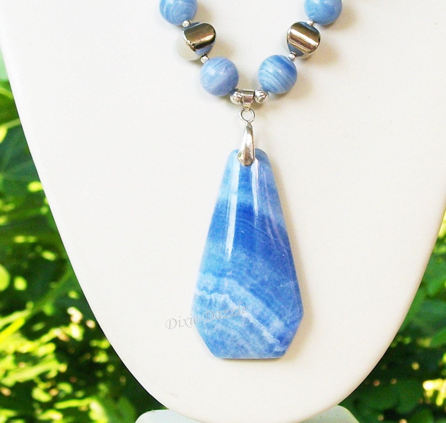 Chunky blue lace agate statement necklace and earring set with vivid blue agate semiprecious gemstones, adjustable length necklace