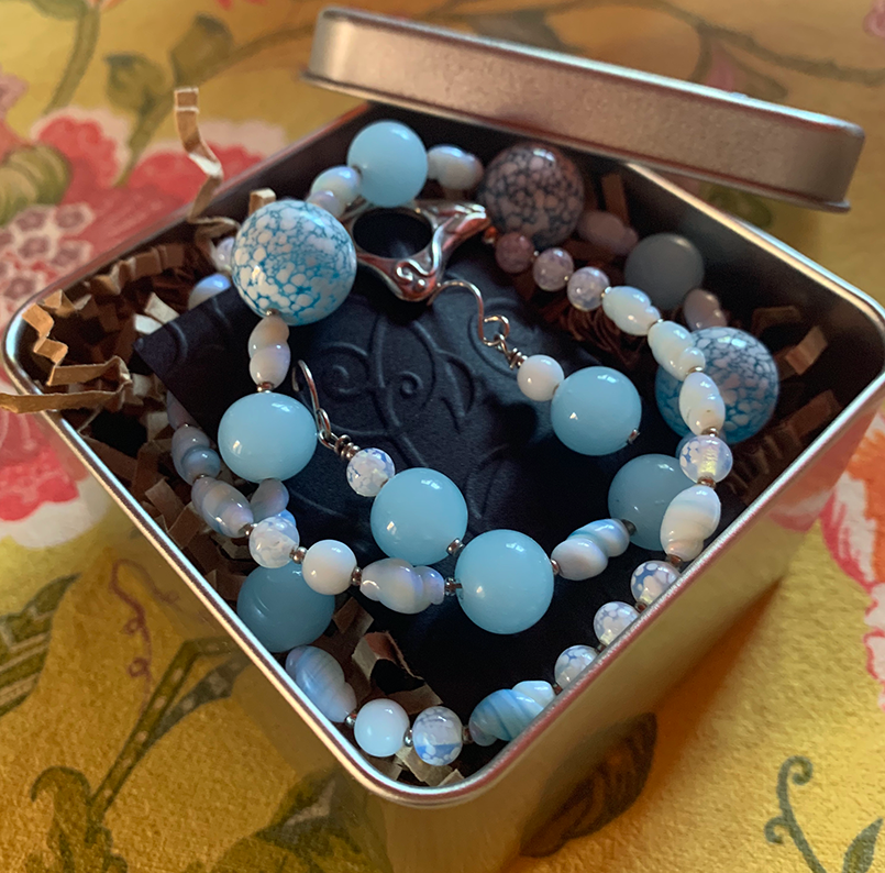 Necklace Set | "Snow-sprinkled" aqua Cherry Brand rounds, mid-century pale blue and opaline rounds and ovals