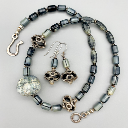Necklace Set | Carved gray focal stone, gray vintage glass beads,"flying saucer" Bali beads