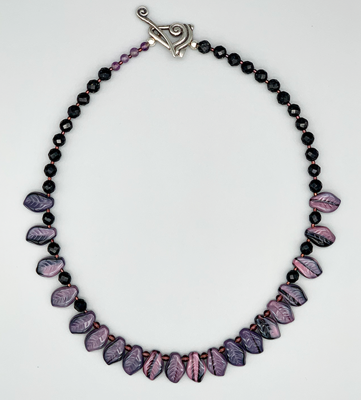 Necklace Set | Pink/black vintage glass leaves, faceted onyx and amethyst rounds