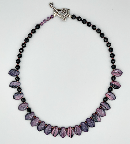 Necklace Set | Pink/black vintage glass leaves, faceted onyx and amethyst rounds