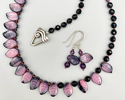 Necklace Set | Pink/black vintage glass leaves, faceted onyx and amethyst rounds