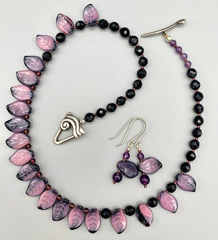 Necklace Set | Pink/black vintage glass leaves, faceted onyx and amethyst rounds