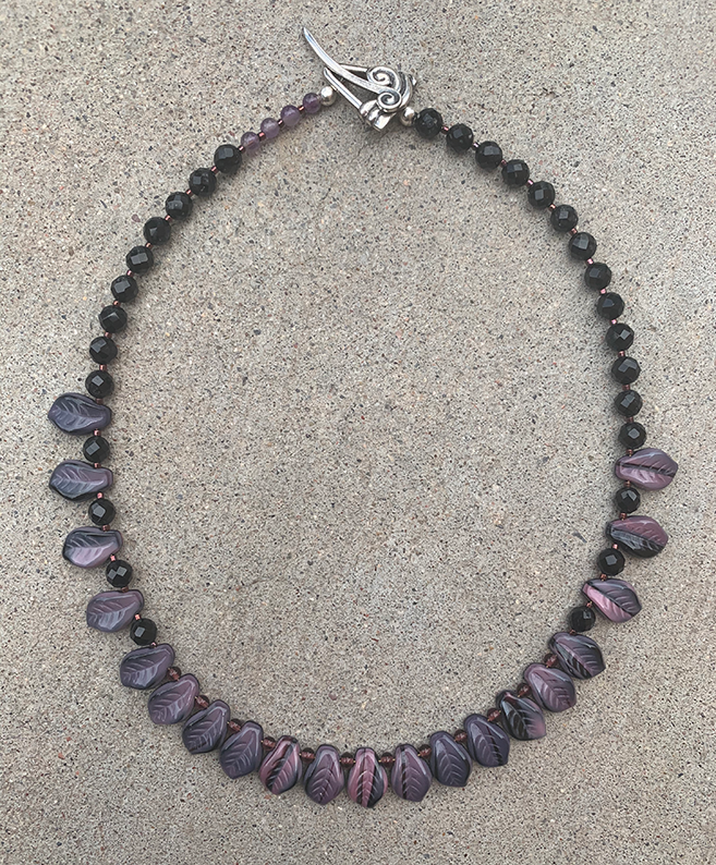 Necklace Set | Pink/black vintage glass leaves, faceted onyx and amethyst rounds