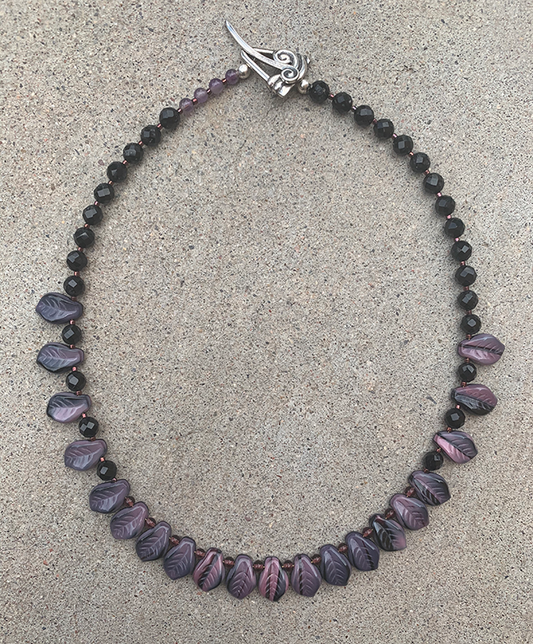 Necklace Set | Pink/black vintage glass leaves, faceted onyx and amethyst rounds