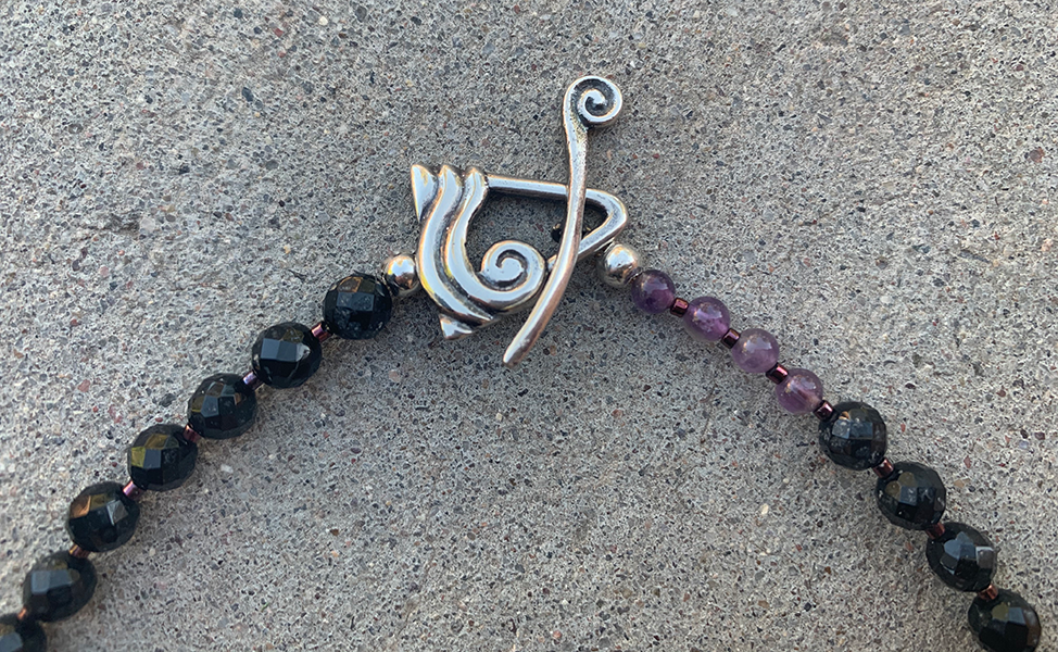 Necklace Set | Pink/black vintage glass leaves, faceted onyx and amethyst rounds