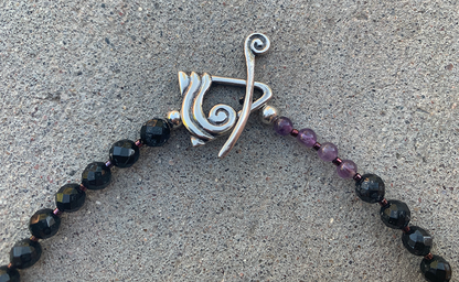 Necklace Set | Pink/black vintage glass leaves, faceted onyx and amethyst rounds