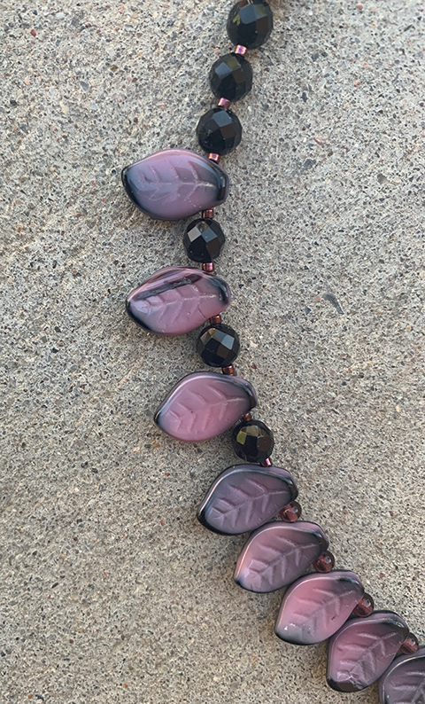 Necklace Set | Pink/black vintage glass leaves, faceted onyx and amethyst rounds