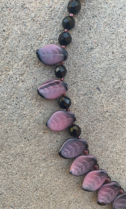 Necklace Set | Pink/black vintage glass leaves, faceted onyx and amethyst rounds