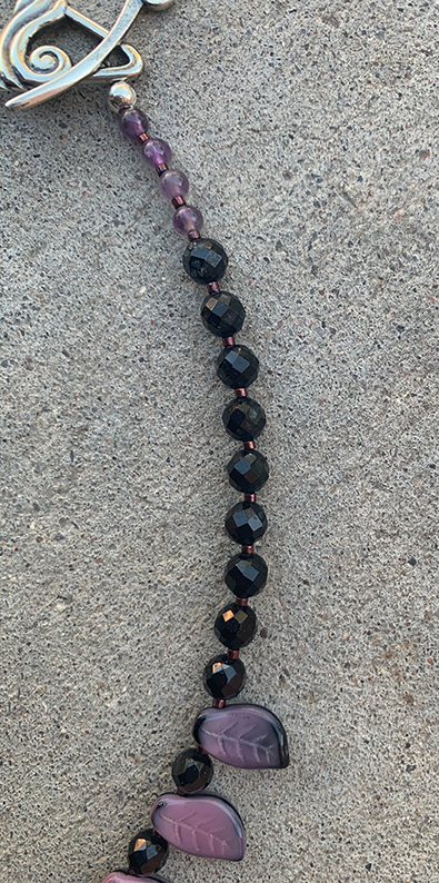 Necklace Set | Pink/black vintage glass leaves, faceted onyx and amethyst rounds