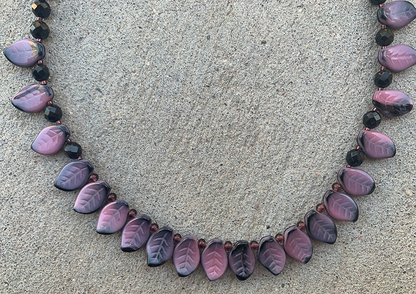 Necklace Set | Pink/black vintage glass leaves, faceted onyx and amethyst rounds