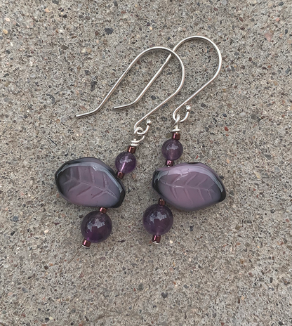 Necklace Set | Pink/black vintage glass leaves, faceted onyx and amethyst rounds