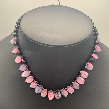 Necklace Set | Pink/black vintage glass leaves, faceted onyx and amethyst rounds