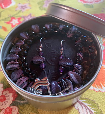 Necklace Set | Pink/black vintage glass leaves, faceted onyx and amethyst rounds