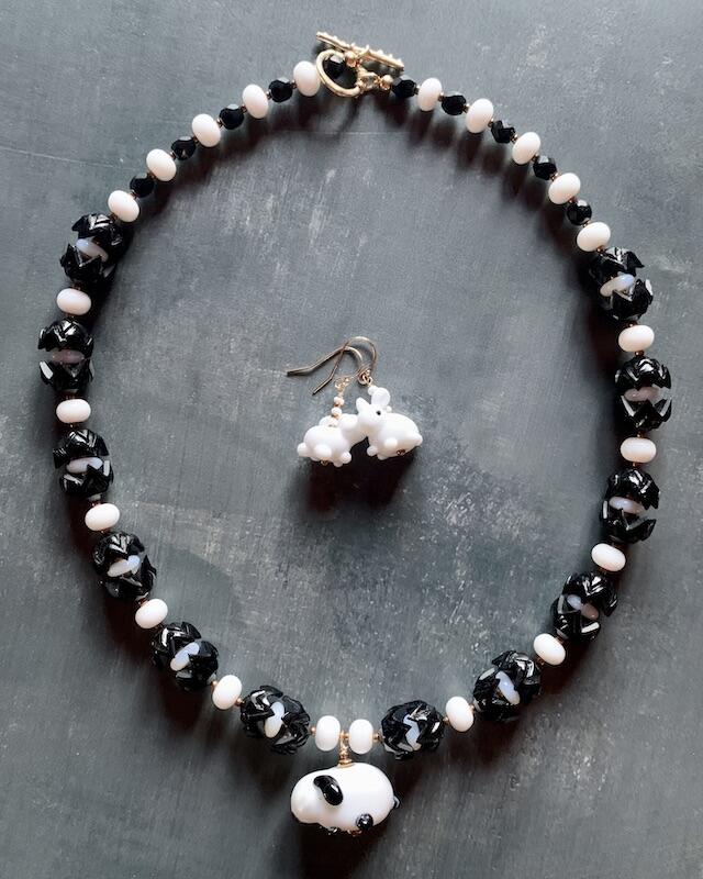 Necklace set | Artisan glass lampwork bunny beads, 1940s jet black puzzle beads, mid-century white glass beads