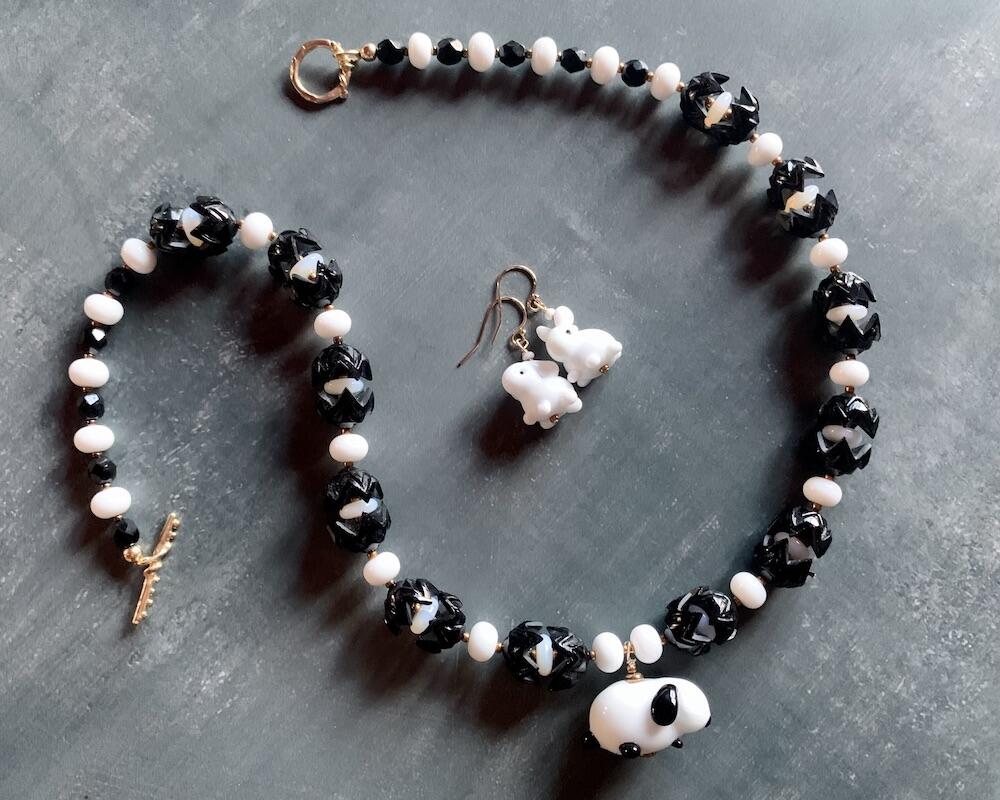 Necklace set | Artisan glass lampwork bunny beads, 1940s jet black puzzle beads, mid-century white glass beads