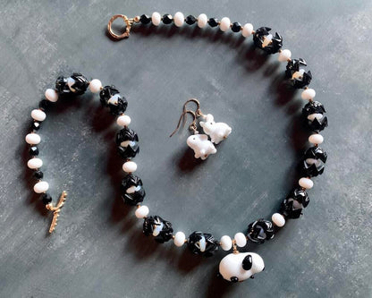 Necklace set | Artisan glass lampwork bunny beads, 1940s jet black puzzle beads, mid-century white glass beads