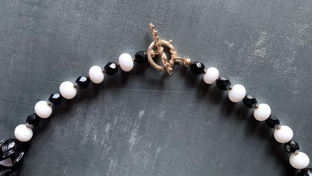 Necklace set | Artisan glass lampwork bunny beads, 1940s jet black puzzle beads, mid-century white glass beads