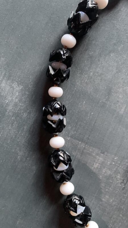 Necklace set | Artisan glass lampwork bunny beads, 1940s jet black puzzle beads, mid-century white glass beads